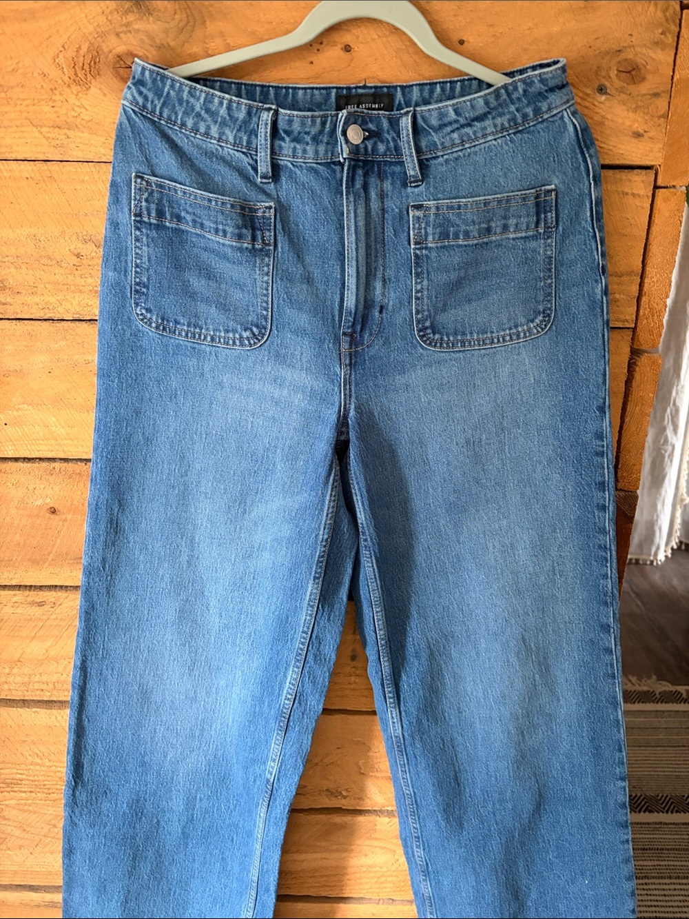 High-Rise Light Blue Wide Leg Jeans with Front Patch Pockets